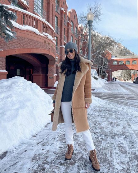 Kat Jamieson of With Love From Kat wears a winter outfit. Cashmere beanie, cashmere turtleneck, cream denim, shearling coat.

#LTKSeasonal #LTKstyletip