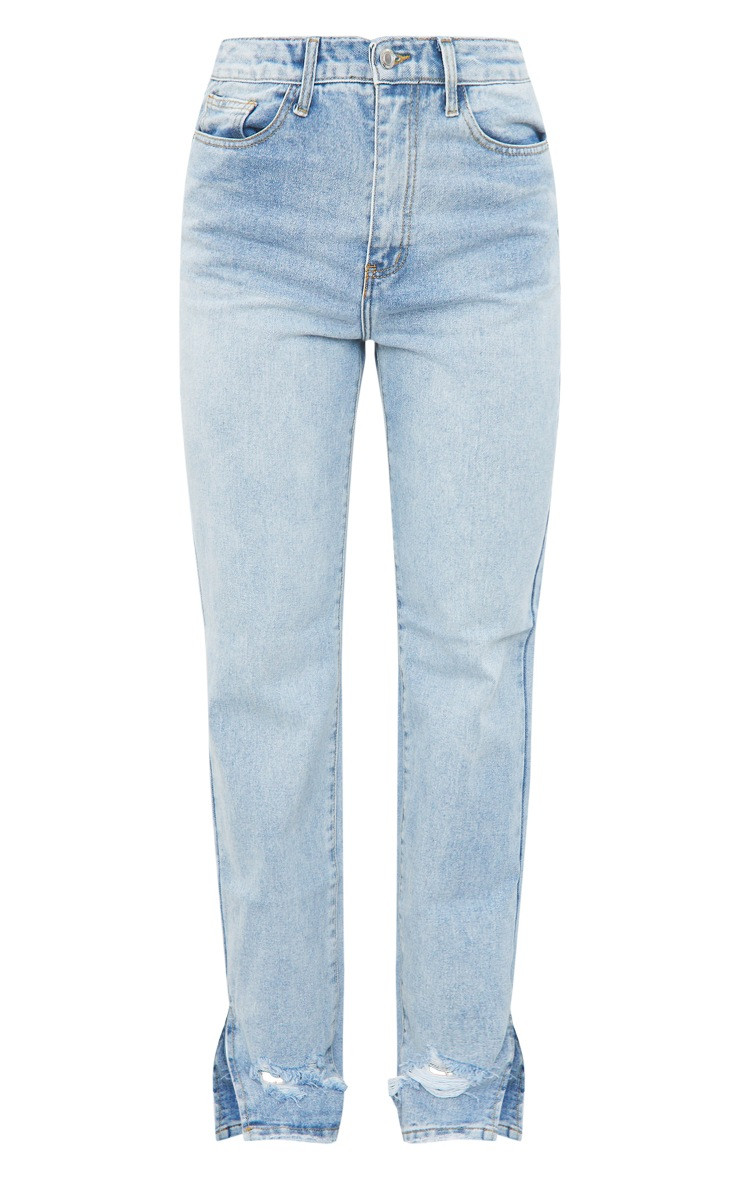 Light Blue Wash Ripped Split Hem Straight Leg Jeans | PrettyLittleThing UK
