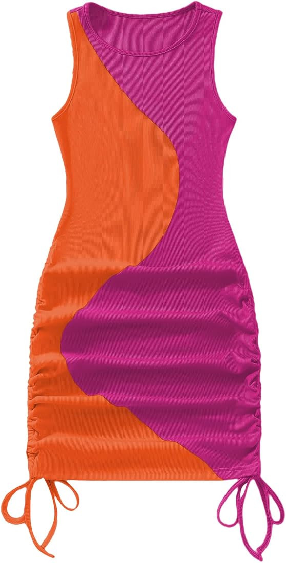 Verdusa Women's Color Block Drawstring Ruched Ribbed Mini Tank Bodycon Dress | Amazon (US)