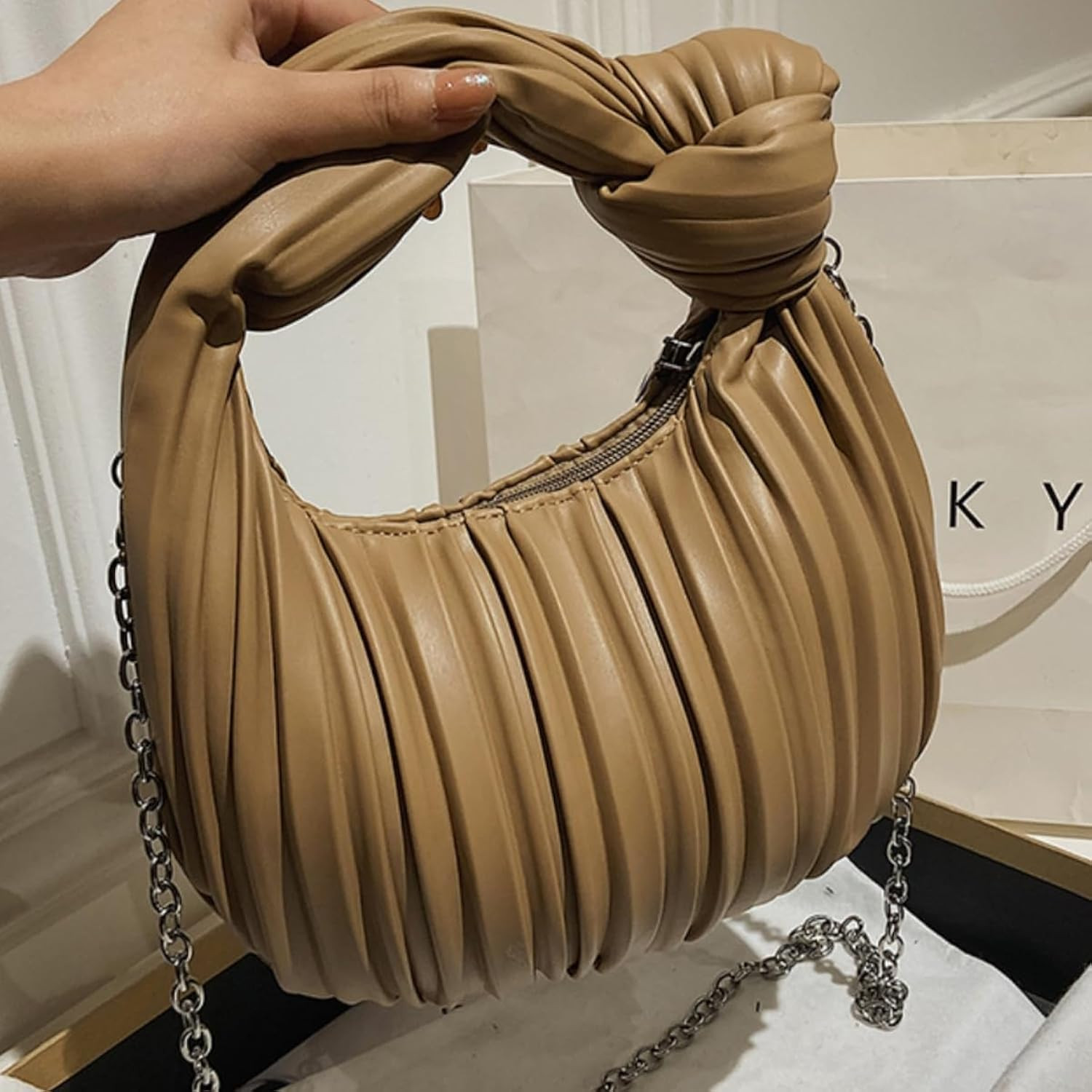 Women Knotted Woven Ruched Handbag Soft Faux Leather Purse Chic Top Handle Bag for Ladies Small Hobo Handbag | Amazon (US)