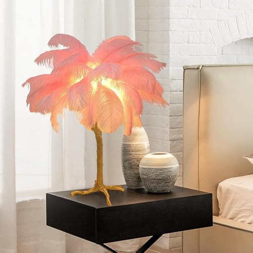 ZYLEISENBAO Pink Feather Bedside Lamp Romantic Ostrich Feather Table Lamp Fuzzy Princess Lamp with Gold Resin G4*3 Nordic Nightstand Light for Girl Bedroom Living Room Office Birthday Gift | Amazon (US)