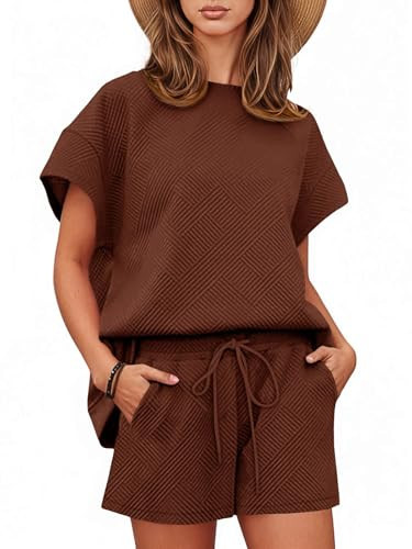 Tankaneo Womens Loungewear Set Short Sleeve Tops and Shorts 2 Piece Outfits Matching Lounge Pajama Set with Pockets Coffee | Amazon (US)