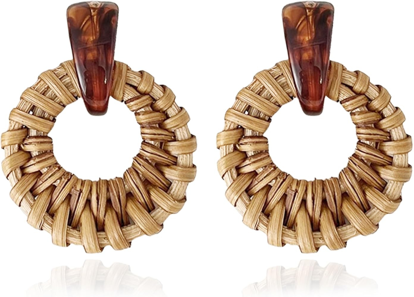 Bohemian Handmade Raffia Rattan Round Drop Dangle Earrings for Women, Lightweight Summer Beach Bo... | Amazon (US)