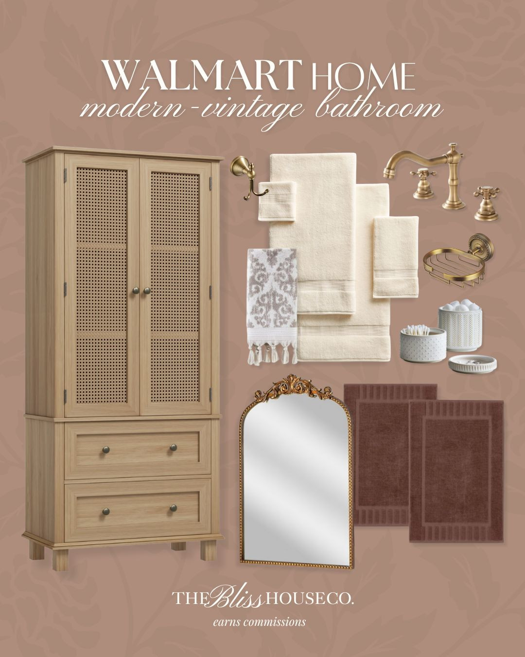 Modern-vintage bathroom refresh from Walmart! Affordable bathroom finds, rattan cabinet, towel set, bath mat, antique brass finishes, home finds, vintage look, Walmart homw. 

 #LTKHome #LTKFindsUnder100