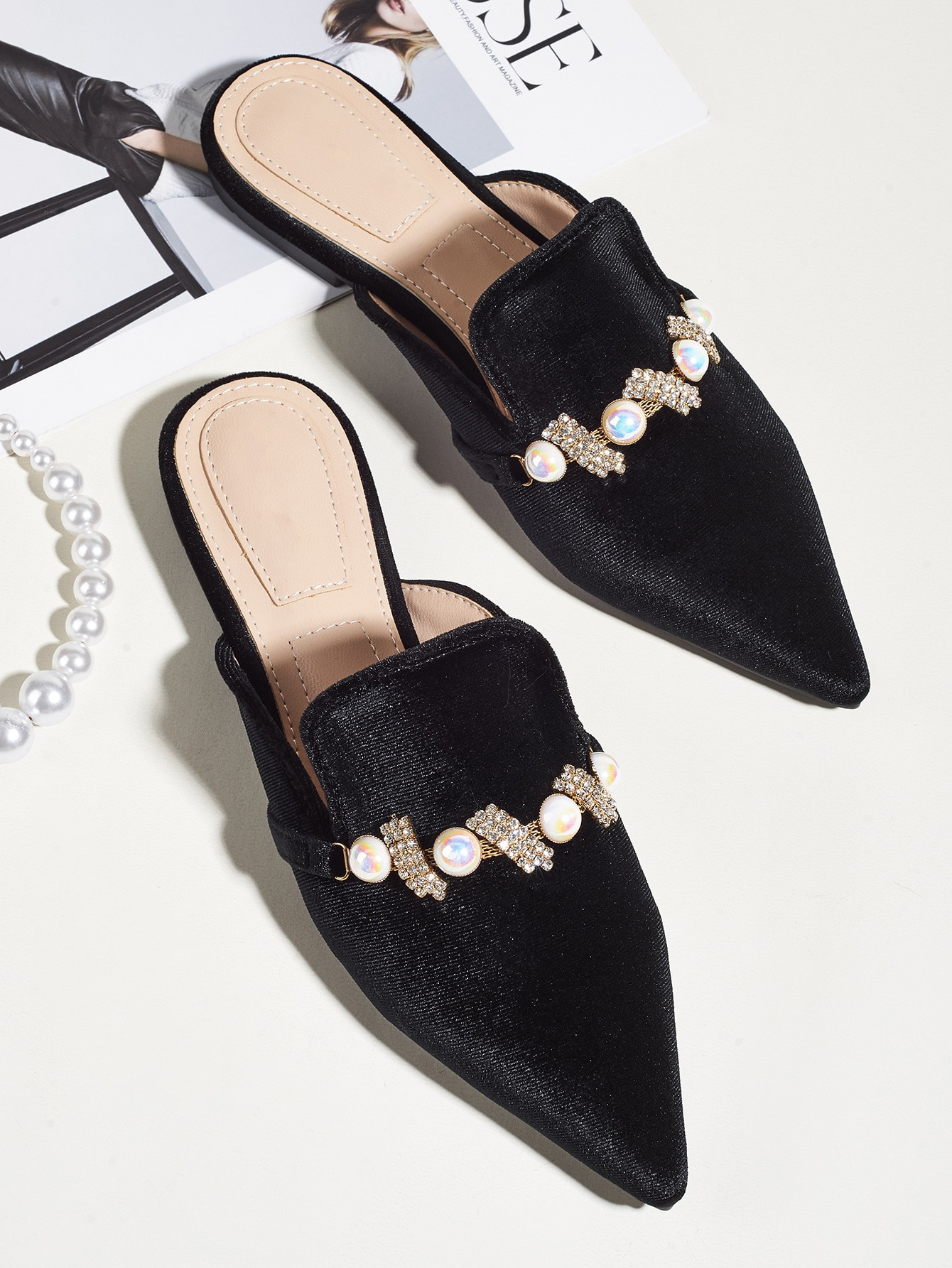 Faux Pearl & Rhinestone Decor Loafer Mules | SHEIN