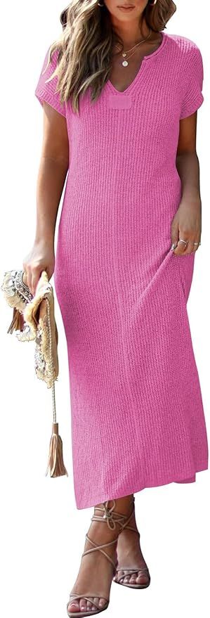 Pink Queen Women's Casual V Neck Short Sleeve Loose Side Slit Ribbed Knit Midi Dress | Amazon (US)