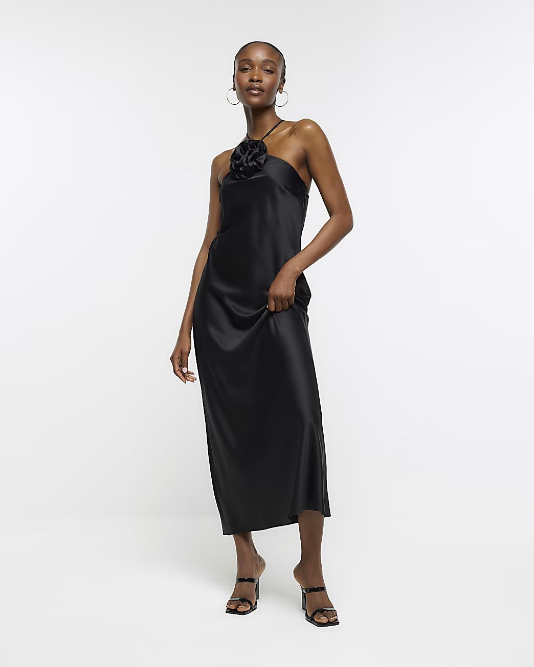 Black satin corsage bodycon midi dress | River Island (UK & IE)