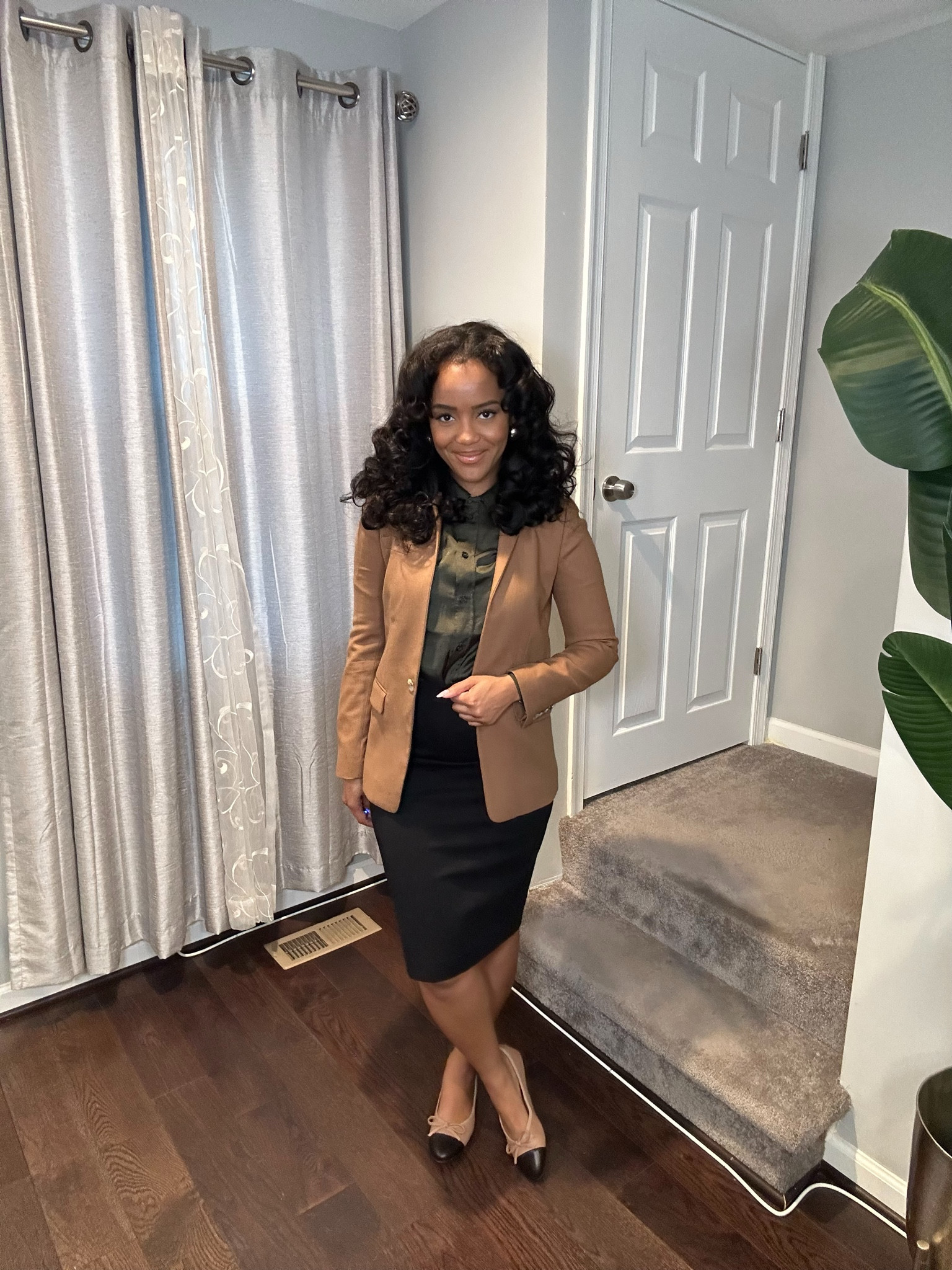 For a rich, timeless palette, forest green, tan, and black make a perfect trio. Start with a forest greentop and layer it with a tan blazer and black skirt. The combination of earthy green with neutral tan feels balanced, while the black adds a touch of modern edge. 

#tanblazer #greentop #blackskirt #balletflats

#LTKWorkwear