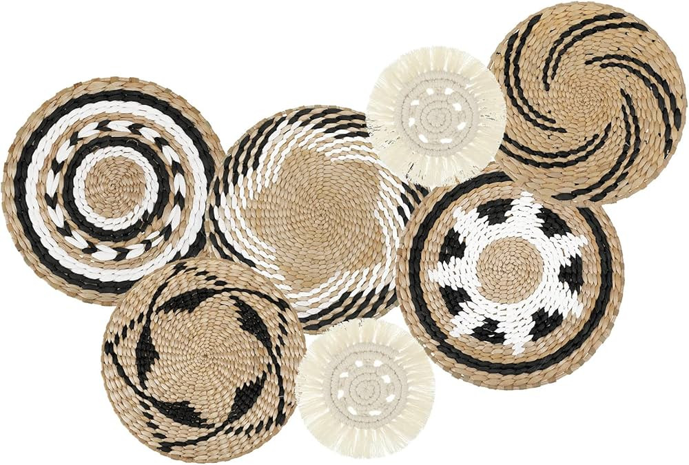 7 Pcs Boho Hanging Woven Wall Basket Set Large Handcrafted Round Bulrush Baskets for Boho Farmhou... | Amazon (US)