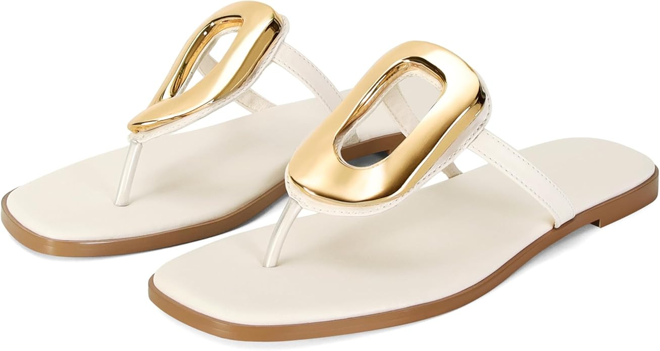 Flip-Flops for Women Thong Sandals Flat Black Slip on Slides Leather Beach Comfort Open Square To... | Amazon (US)