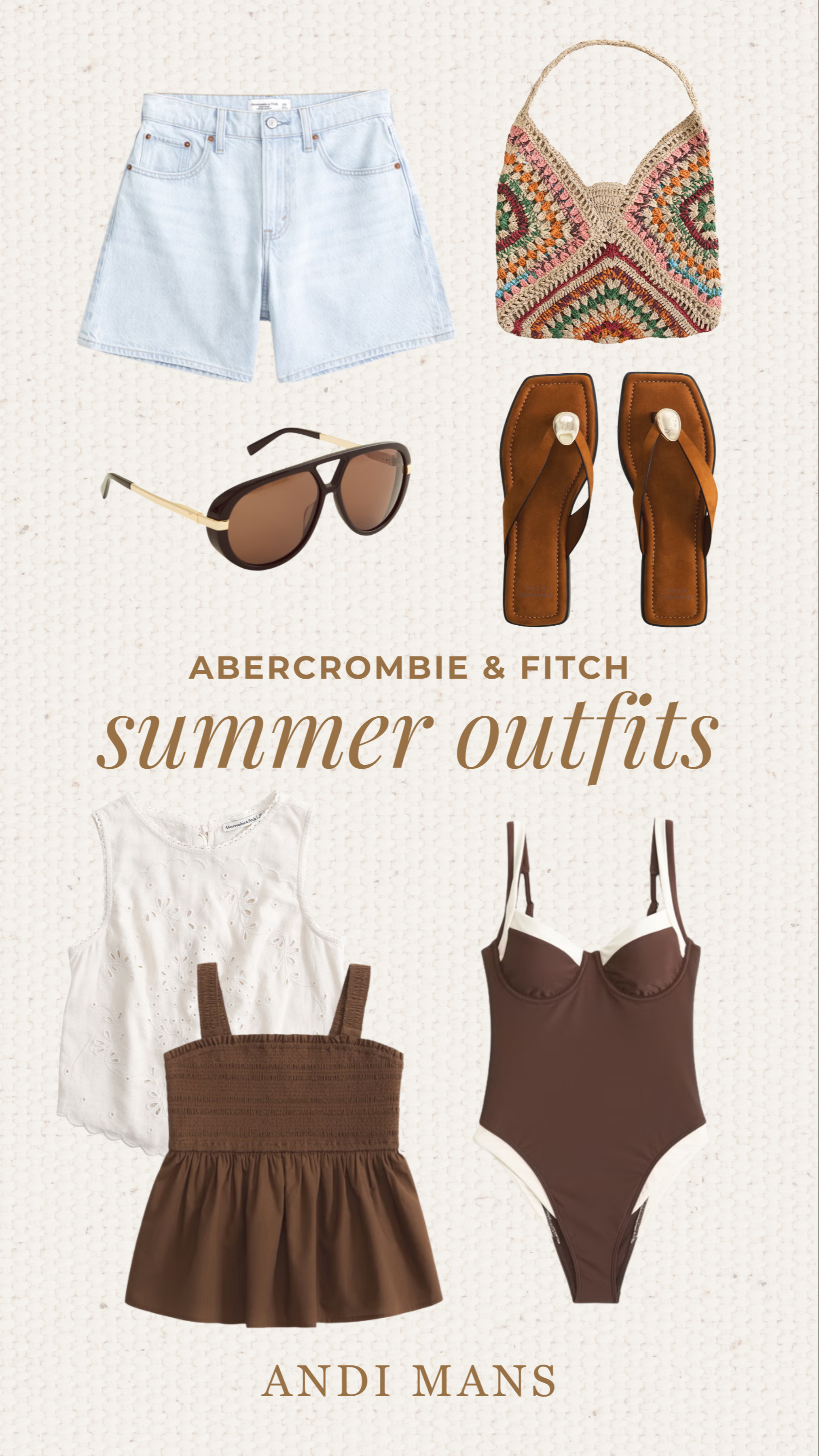 Summer outfit ideas from Abercrombie & Fitch. Neutral summer outfits, denim shorts, brown one piece suit, lightweight tops, and chic everyday style perfect for a laid-back, elevated summer wardrobe. 

 #LTKootd #LTKOver40 #LTKSaleAlert