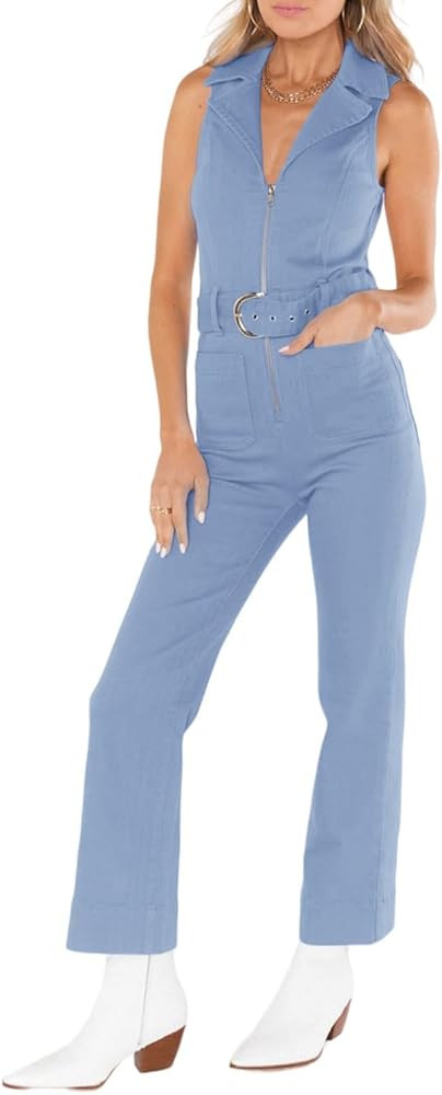 PLNOTME Women's Sleeveless Denim Jumpsuits Zip Up Belted Straight Leg Jeans Long Rompers | Amazon (US)