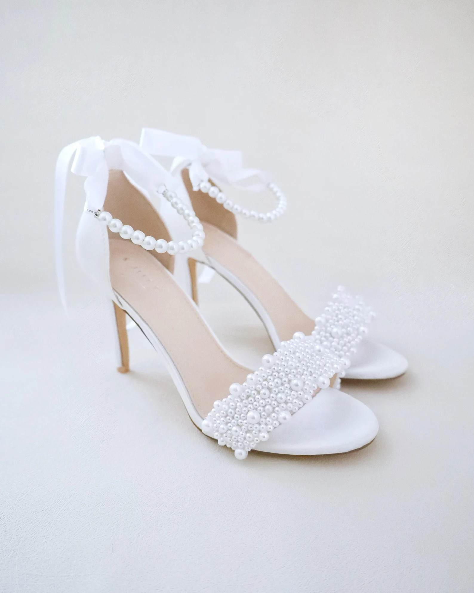 White Satin High Heel Wedding Sandals with Perla Applique and All Pearls Strap, Wedding Heels San... | Etsy (US)