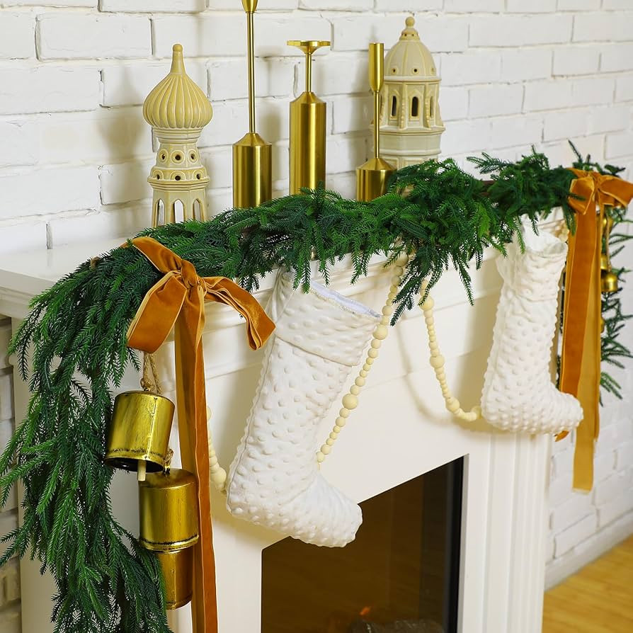 Glitinsel 1 Pcs Norfolk Pine Garland with 1 Pc Khaki Velvet Ribbon 3 Pcs Rustic Iron Wrought Bell... | Amazon (US)