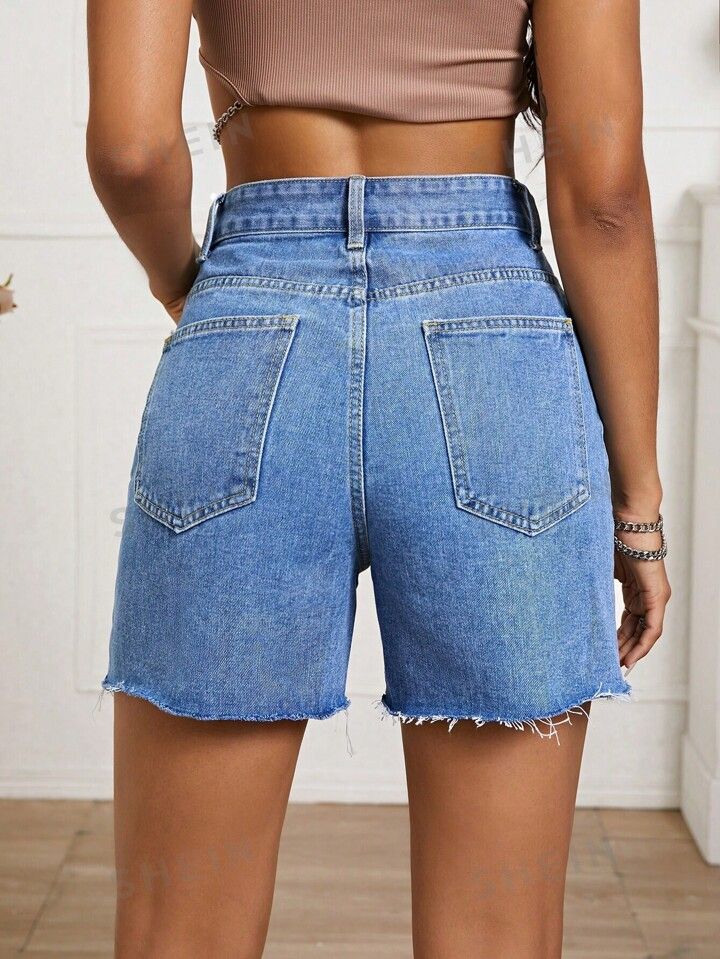 Slant Pocket Raw Hem Denim Shorts | SHEIN