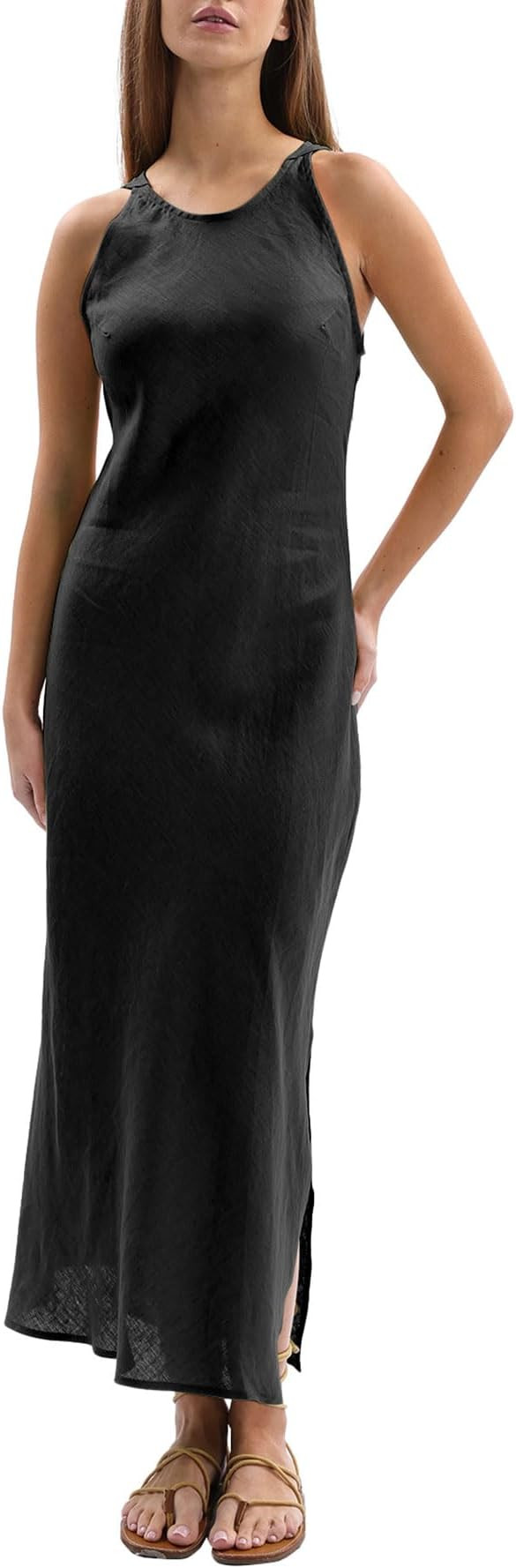 Amazhiyu Women's 100% Linen Summer Sleevelesss Splits Bodycon Maxi Dresses Casual | Amazon (US)