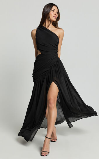 Darcy Maxi Dress - One Shoulder Side Cut Out Gathered Dress in Black | Showpo (ANZ)
