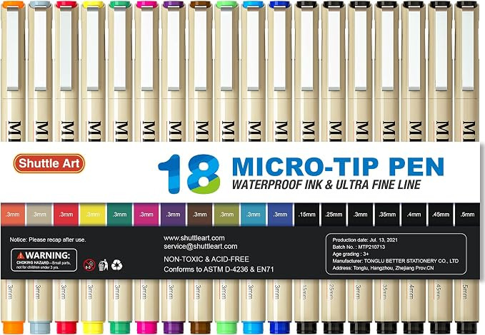 Shuttle Art 18-Pack Micro-line Pens - 11 Waterproof Archival Ink Colors in 0.3MM Felt Tip & 7 Bla... | Amazon (US)
