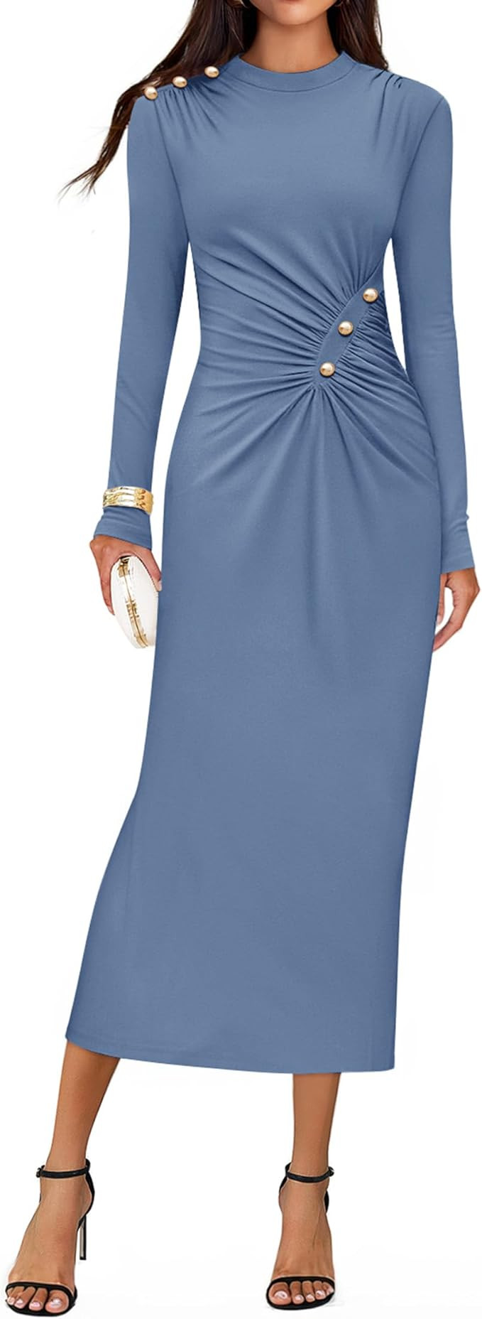 ZESICA Womens 2025 Fall Long Sleeve Mock Neck Bodycon Midi Dress Ruched Knit Elegant Party Cockta... | Amazon (US)