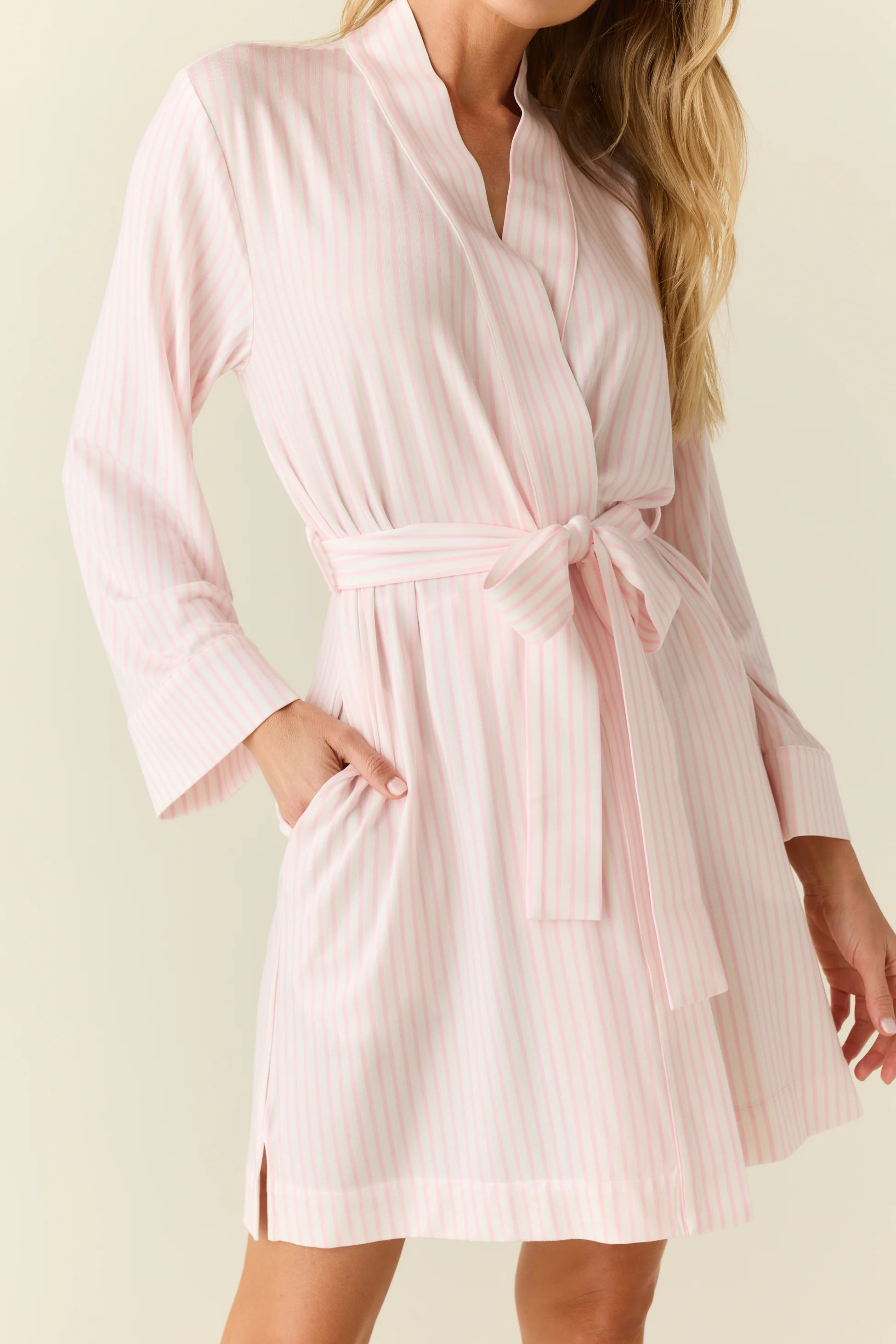 Ayla TENCEL™ Lyocell Short Robe in Pink Stripe | MASONgrey