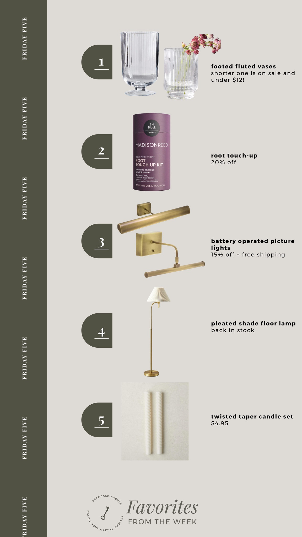 Friday Five: your favorites from the week. *glass footed vases (shorter one is on sale for under $12), Madison Reed gray root touch up (20% off) , battery operated picture light, pleated shade floor lamp is in stock, twisted taper candle set. 

#LTKsalealert #LTKhome #LTKstyletip