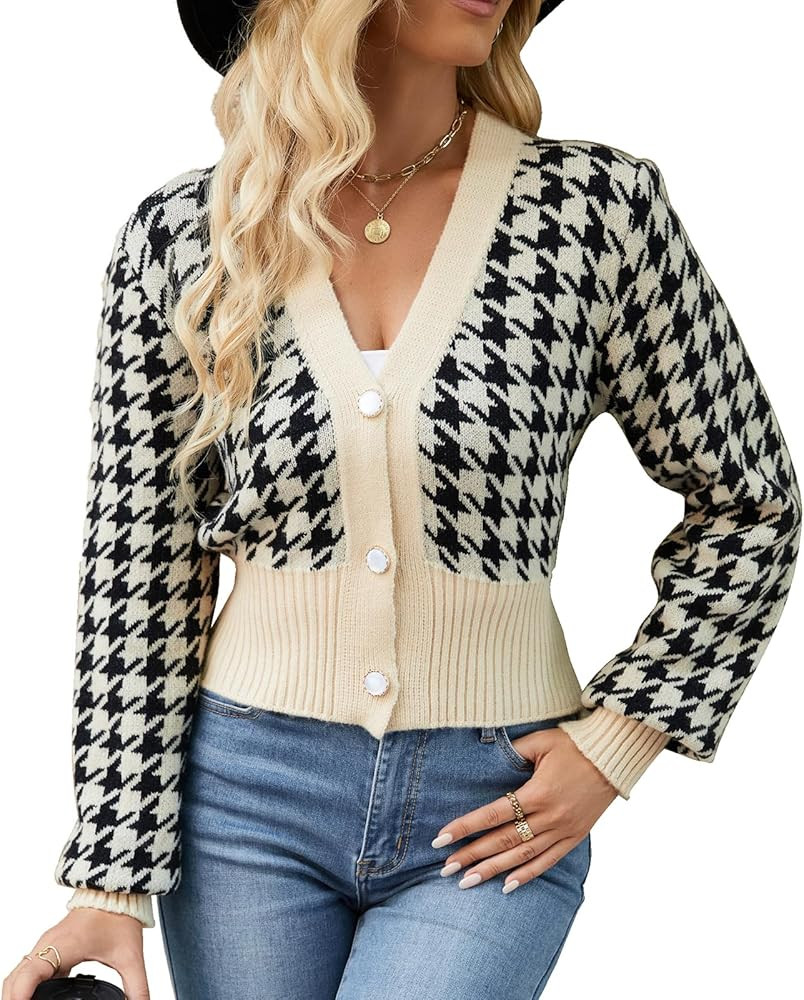 Women' s Cropped Cardigan Sweaters Button Down Houndstooth V Neck Long Sleeve Open Front Knit Swe... | Amazon (US)
