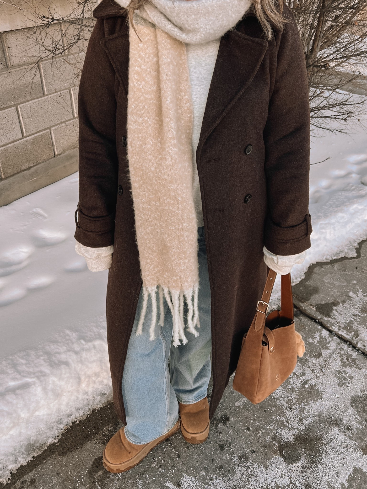 Casual winter outfit! I’m wearing my usual size L in my Abercrombie long chocolate brown wool blend coat. These are my all time fave jeans from Abercrombie, wearing 32 for a looser fit. My Ugg style platform boots are Amazon and such good quality, I’m a 9.5-10 and wear a 10. I’ve been using this suede Coach shoulder bag on repeat and it’s perfect for everyday. Linked similar scarf & sweatshirt 


#LTKmidsize #LTKsale #LTKwinter