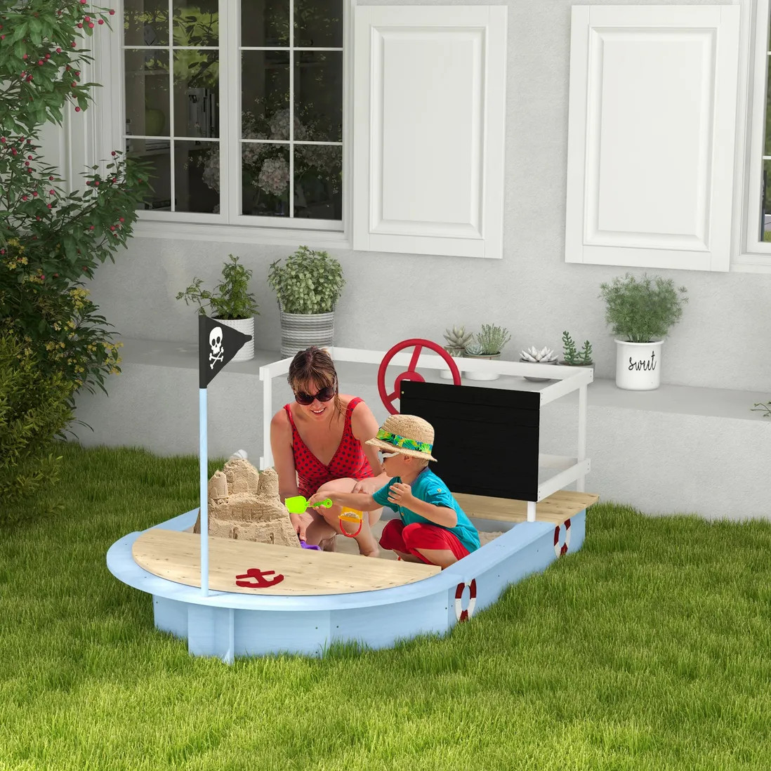 Outdoor Toys | Wooden Sandbox Pirate Ship Design for Children 3-7 Years, Blue | OUTSUNNY | Debenhams UK