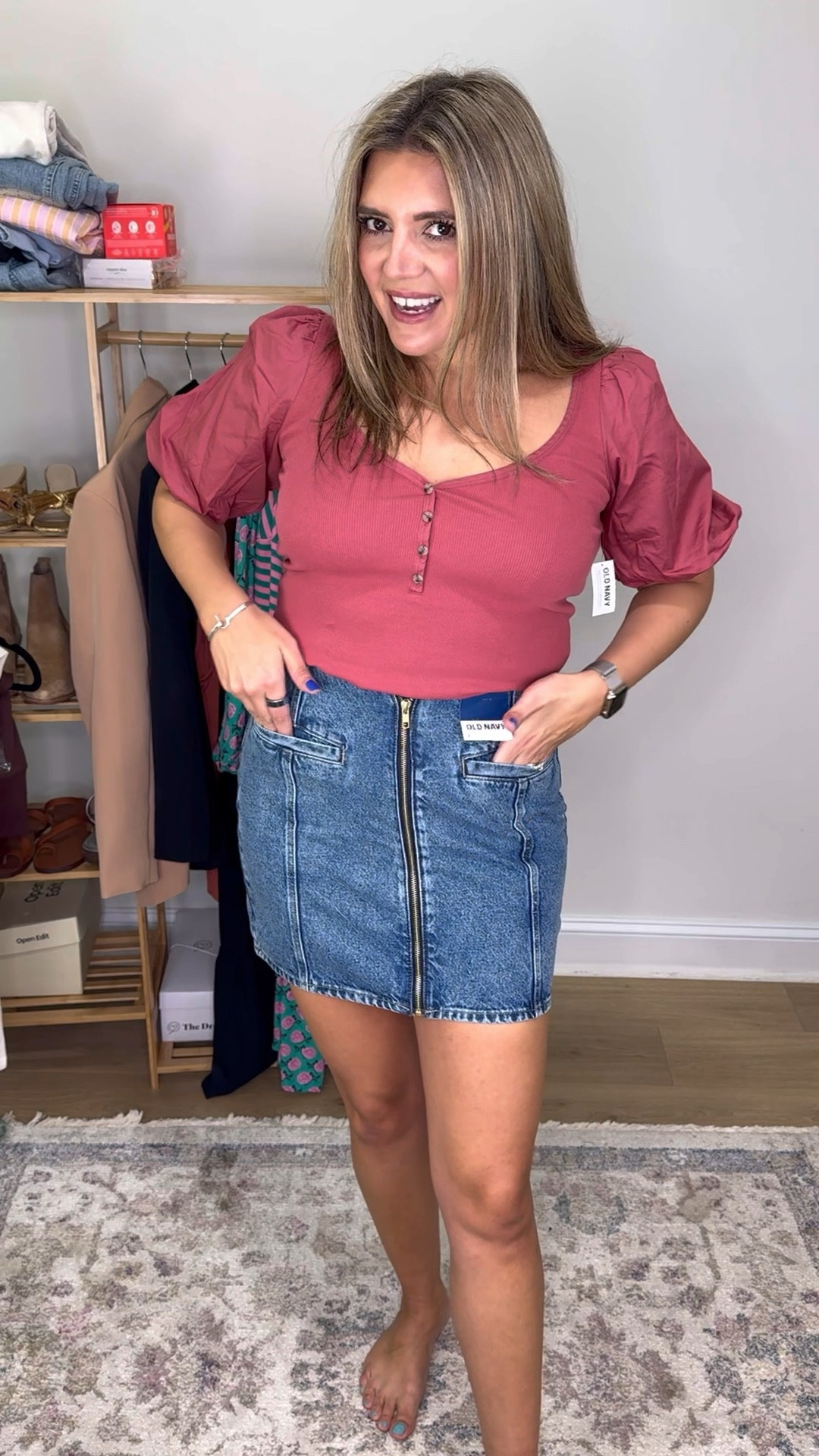 40% off old navy sale! @oldnavy #oldnavy denim skirt and mixed fabrics puff sleeve tee both tts! In an 8 and medium. 

#LTKFindsUnder50 #LTKSaleAlert