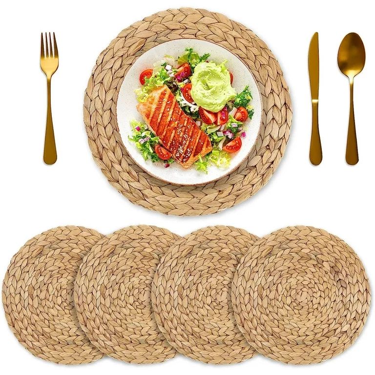 4 Pack Woven Placemats for Dining Table Round Natural Water Hyacinth Placemats Wicker Seagrass Ra... | Walmart (US)
