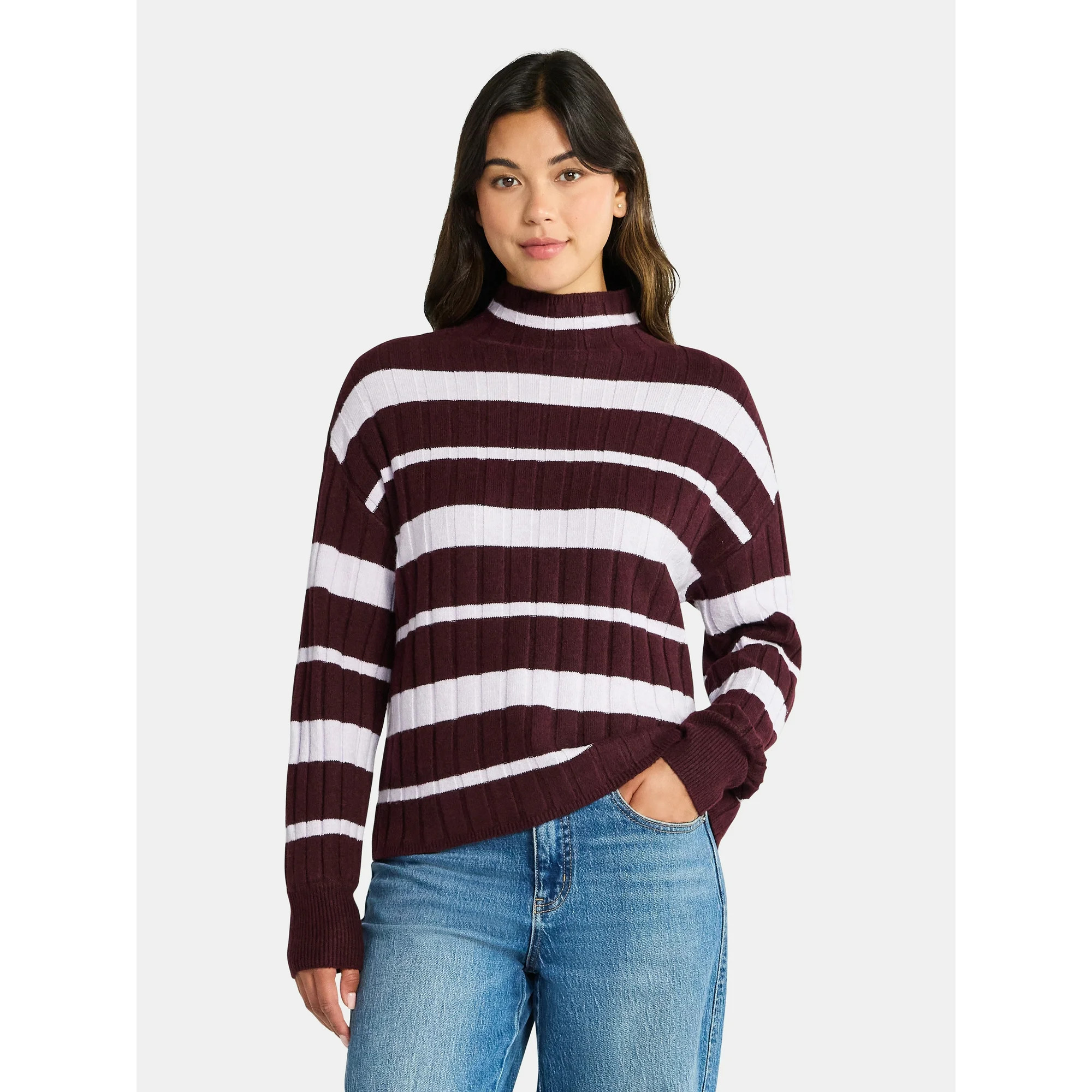 Time and Tru Women's Ribbed Mock Neck Sweater, Lightweight, Sizes XS-XXXL | Walmart (US)