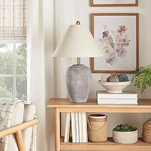 Nourison Home 23" Rustic Brown (Gray Undertones) Ceramic Pot Table Lamp for Bedroom, Living Room,... | Amazon (US)