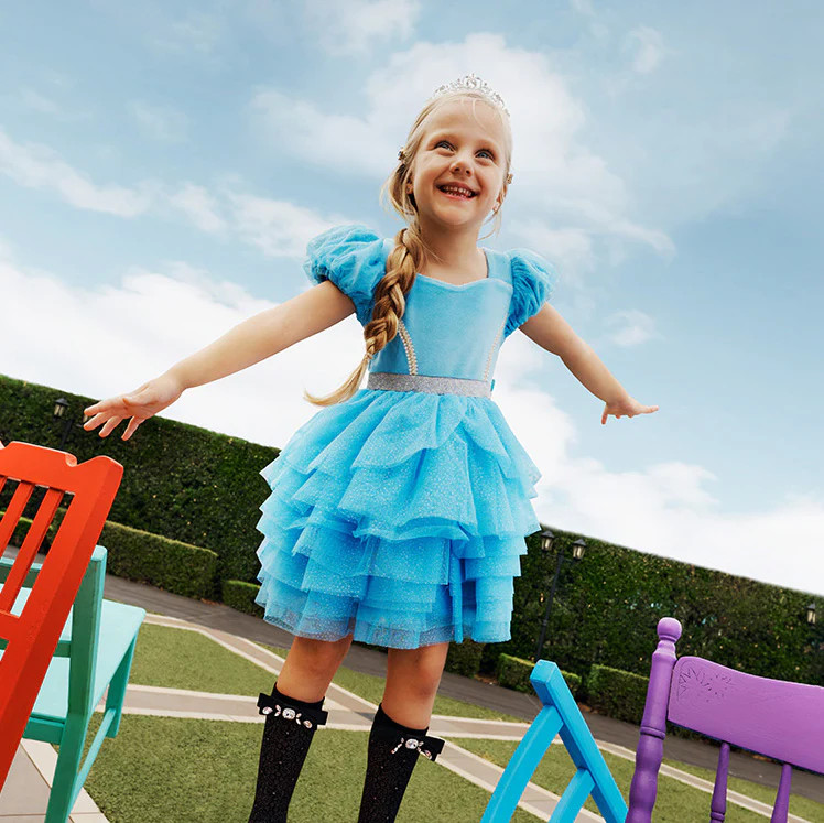 Princess Blue Puff Sleeve Disney Cinderella Velour Dress | Posh Peanut® | Posh Peanut