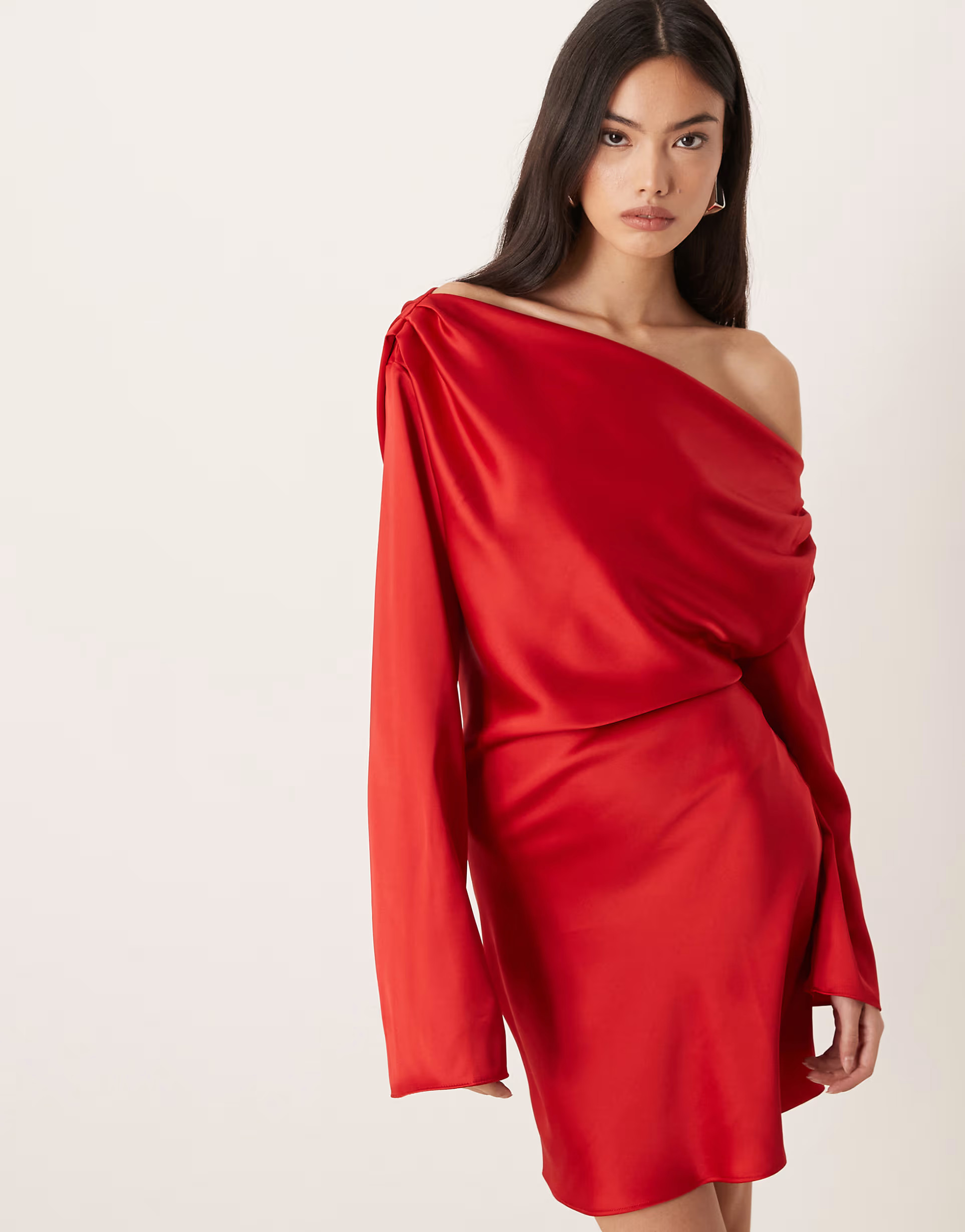 ASOS DESIGN satin drape long sleeve off shoulder mini dress in red | ASOS (Global)