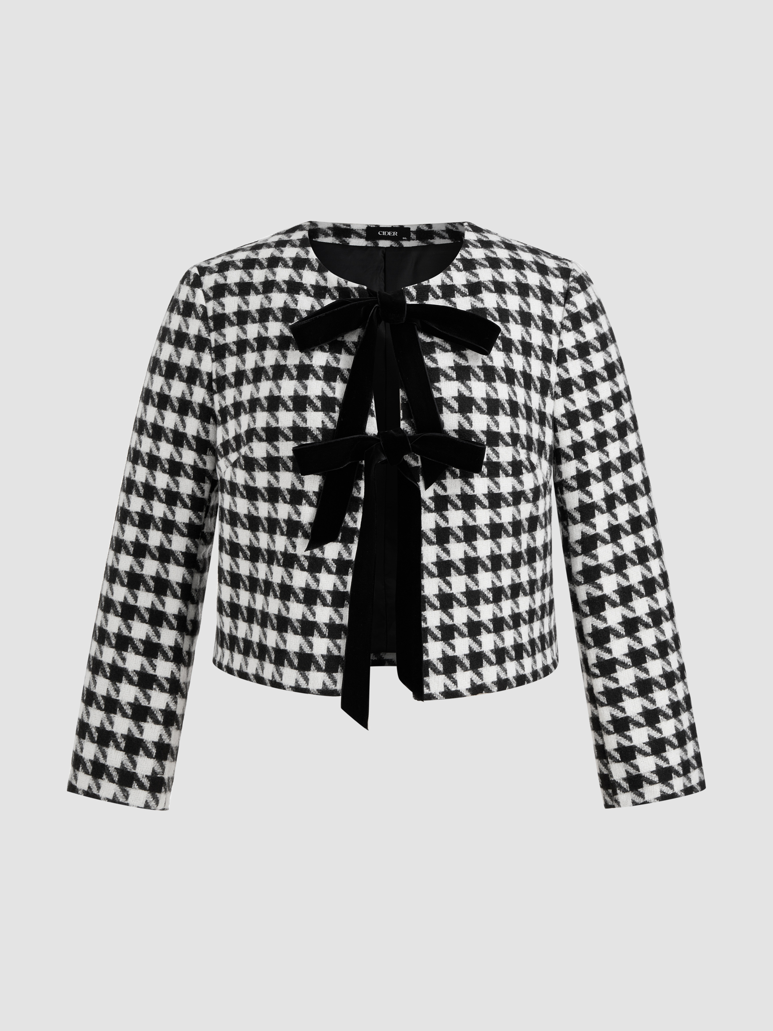Tweed Tweed Round Neckline Houndstooth Tie Front Oversized Jacket Curve & Plus For Date | Cider
