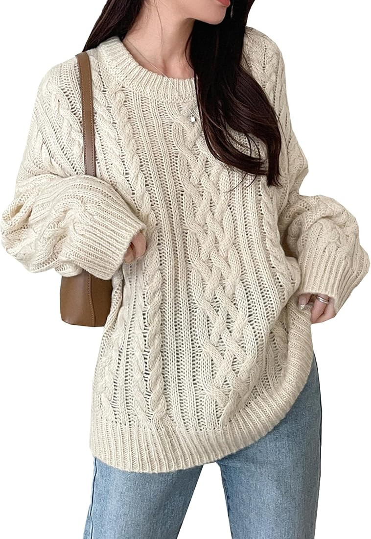 SHENHE Women's Cable Knit Oversized Sweater Crew Neck Drop Shoulder Soft Chunky Sweater Pullover ... | Amazon (US)