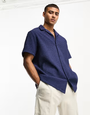 ASOS DESIGN relaxed revere shirt in textured wavy rib in navy | ASOS (Global)