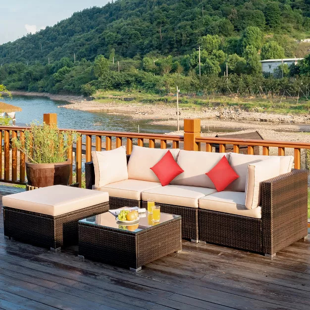 Costway 5PCS Outdoor Patio Rattan Furniture Set Sectional Conversation W/Beige Cushion | Target