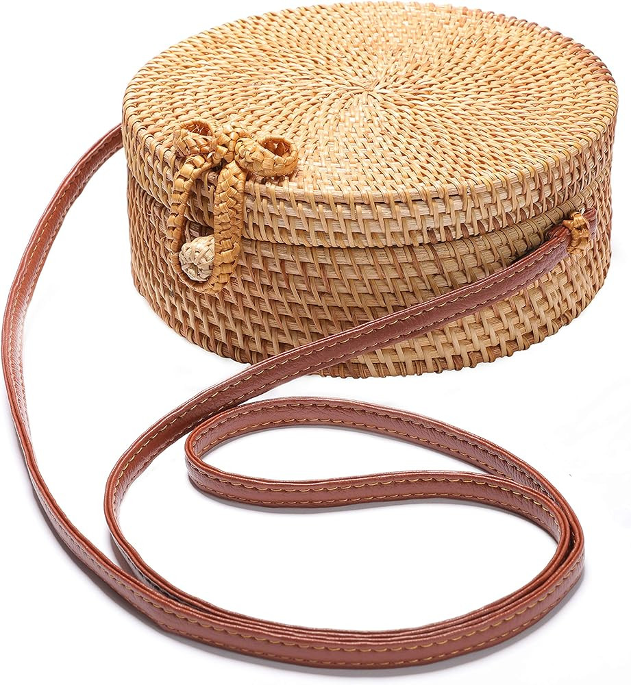 Handwoven Round Rattan Bag Shoulder Leather Straps Natural Chic Hand | Amazon (US)