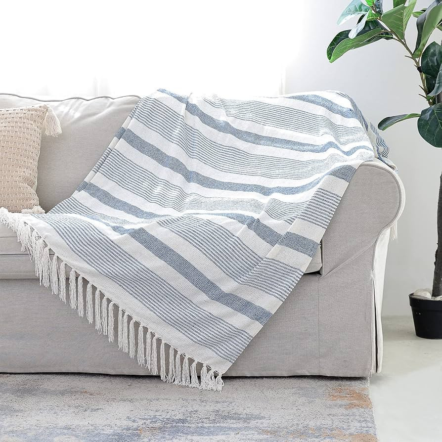 Decorative Blue White Striped Throw with Fringe, Soft Chenille Knitted Farmhouse Lightweight Blan... | Amazon (US)