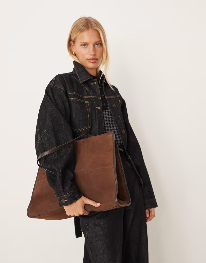 Mango suede structured tote bag in dark brown | ASOS (Global)