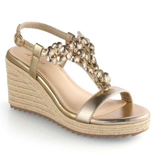 Ankis Wedge Sandals for Women, Gold Espadrille Womens Wedge Sandals Comfortable Open Toe T Strap High Heel Wedges for Women Dressy Summer -3.4Inch | Amazon (US)