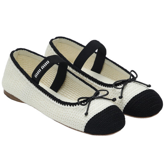 Miu Miu Crochet Knit Black White Bicolor Logo Strap Ballet Ballerina Flats 42 | Poshmark