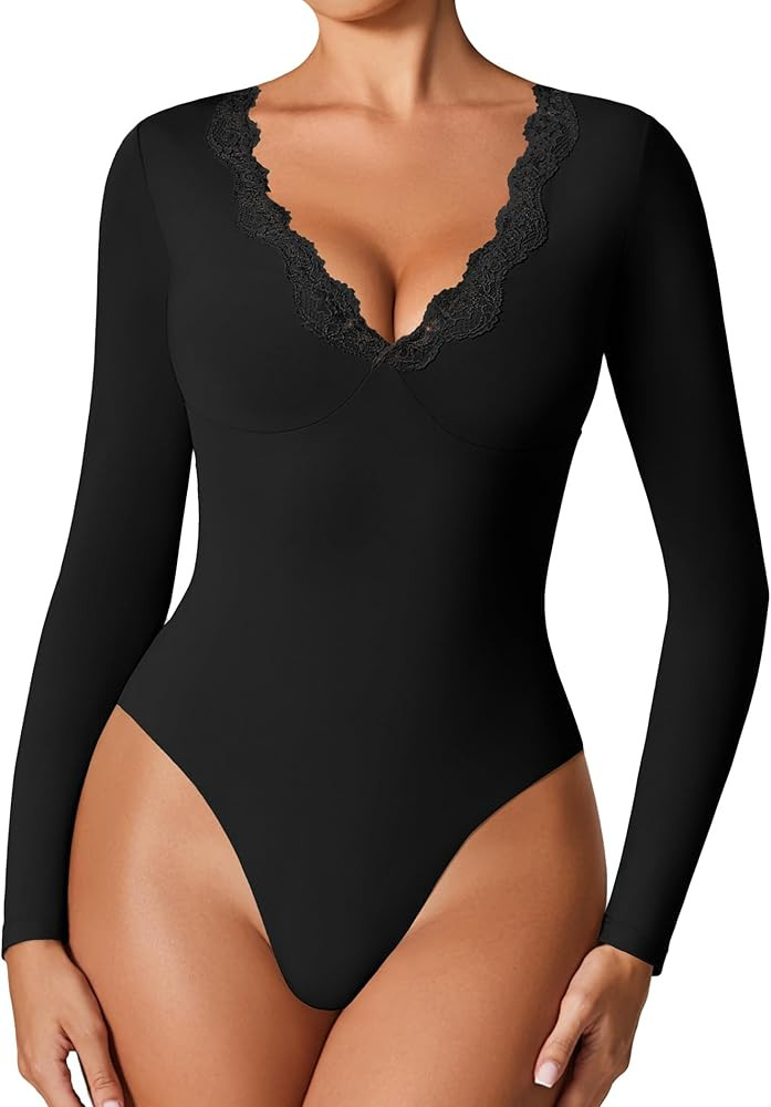 Avidlove Bodysuits for Women Long Sleeve Lace V Neck Body Suits Double Lined One Piece Leotard Sh... | Amazon (US)