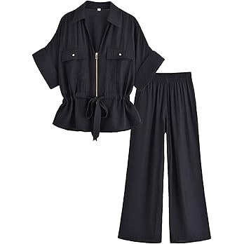Mingzhu Women's 2 Piece Linen Outfits Short Sleeve Zipper Drawstring Waist Safari Shirts Wide Leg... | Amazon (US)