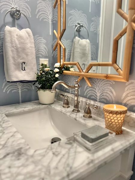 Bathroom renovation, coastal style, Serena & Lily, wallpaper, mirror, vanity, powder bath

#LTKhome #LTKfamily