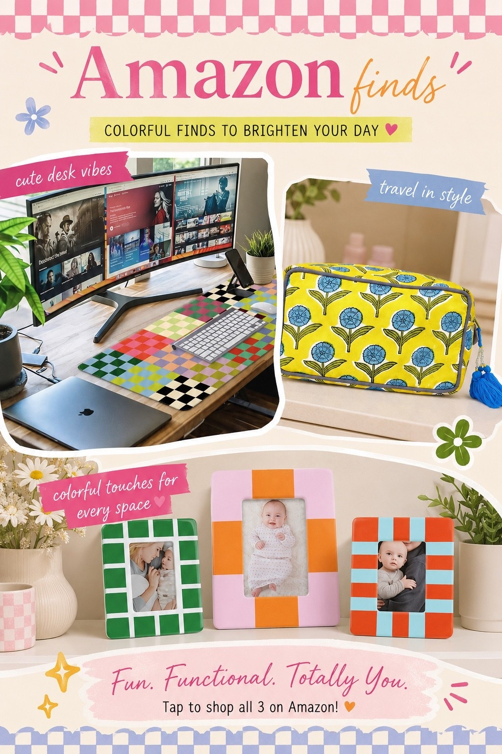 Amazon finds that are guaranteed to make you smile! 🌈💖✨ I’m all about adding COLOR to everyday life, and these fun finds are too cute not to share! From the happiest desk mat to the prettiest floral travel bag + colorful picture frames, these are fun, functional & totally me! 🥰🌸

#AmazonFinds #AmazonHome #AmazonMustHaves #ColorfulHome #ColorfulDecor #HomeDecorFinds #AmazonHomeFinds #AffordableFinds #LTKHome #LTKFinds #LTKCreator #ShopLTK #ColorfulDecor #HappyHome #HomeInspo #AmazonShopping