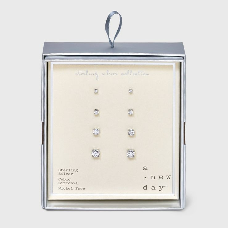Sterling Silver Cubic Zirconia Multi Size Stud Earring Set 4pc - A New Day™ Silver | Target