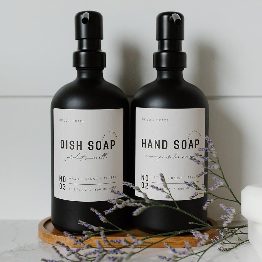 Black Glass Soap Dispenser Set with Non-Slip Bamboo Tray | Black Metal Steel Pumps | 12 Matte Wat... | Amazon (US)