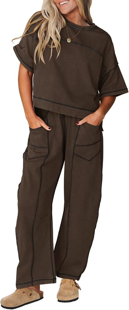 Women's Two Piece Sets Short Sleeve Crew Neck Tops Barrel Leg Sweatpants Lounge Matching Sets Tra... | Amazon (US)